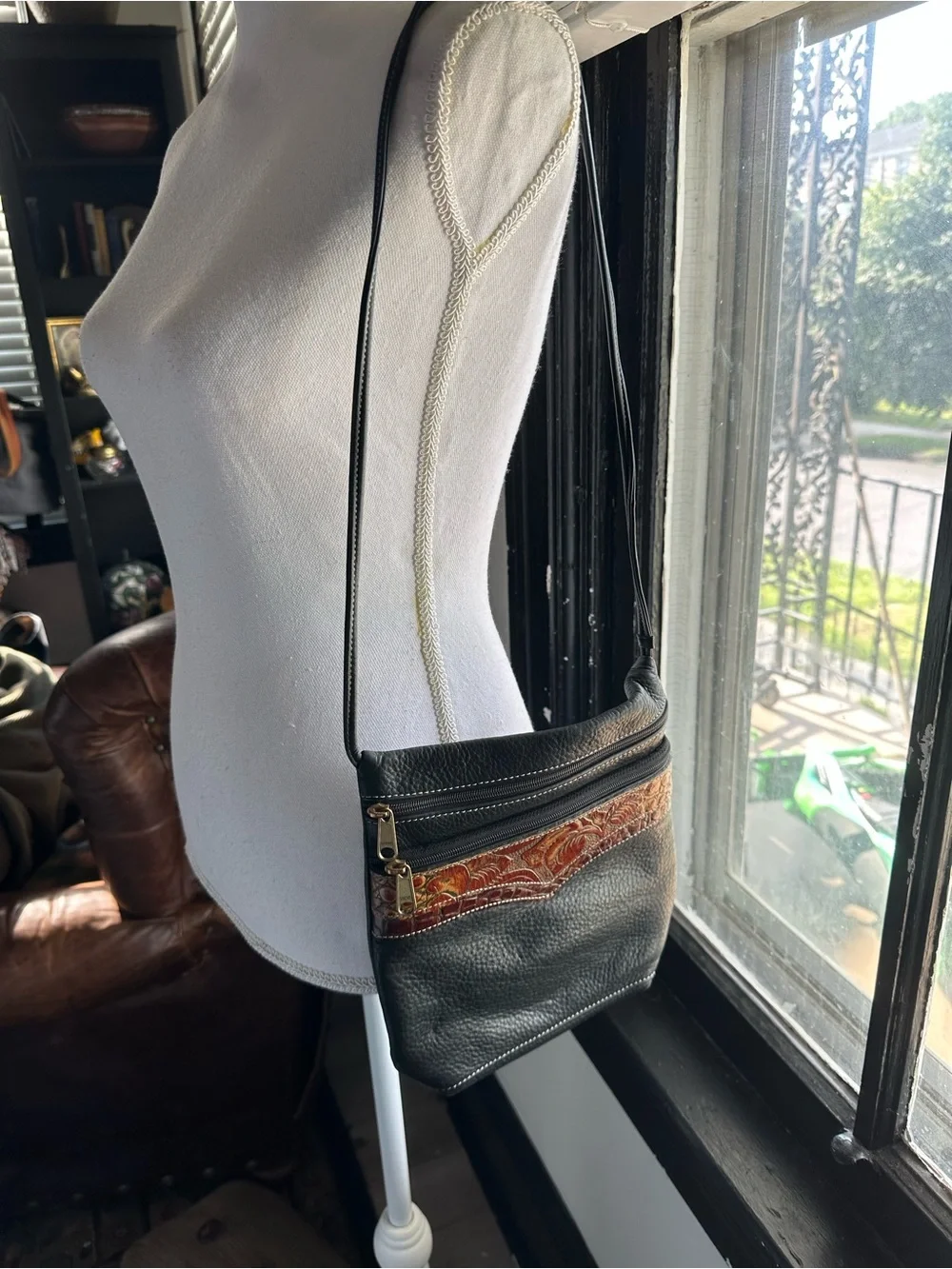 Leather western  Shoulder Bag with Embossed Floral Accent - Black & Orange